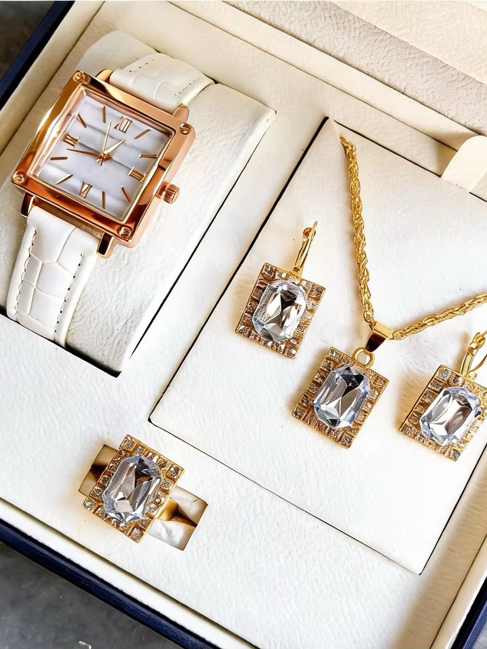 Gold and White Women's Watch & Jewelry Set with Clear Crystal Accents